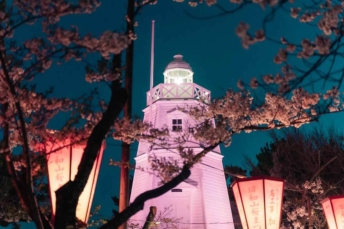 日和山公園の夜桜と六角灯台